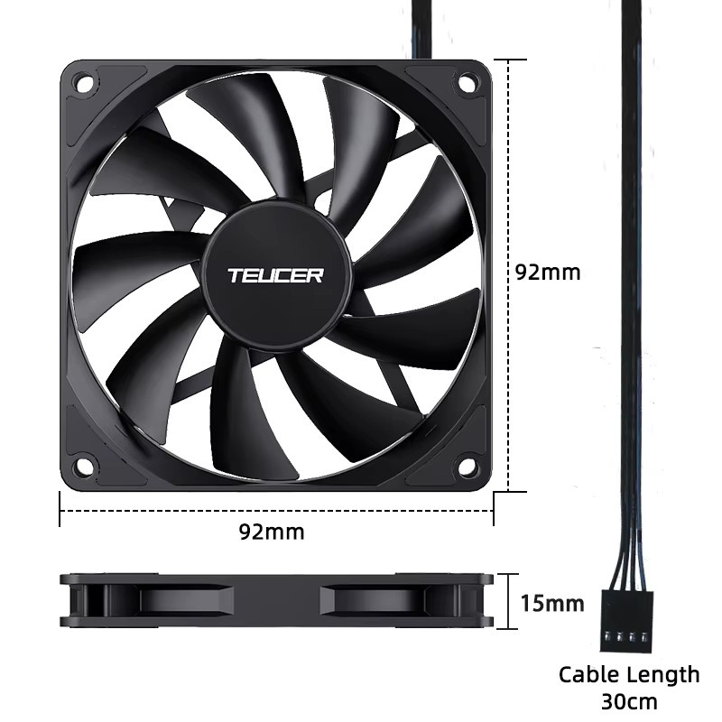 TEUCER CPU-Lüfter Schwarz, 9 cm, 4-polig, PWM, dünnes Design mit hydraulischem Lager, 1000–2700 U/min für Desktop-PC-Gehäusekühlung - Bild 3