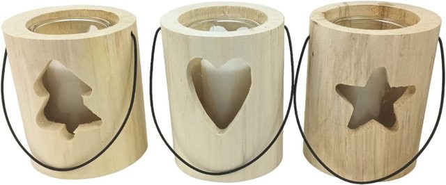 Sunny Garden Windlicht Holzstamm Nordic-Style aus Holz und Glas in Naturbraun, 3er-Set, Durchmesser: 13 cm, Höhe: 15 cm - Bild 1
