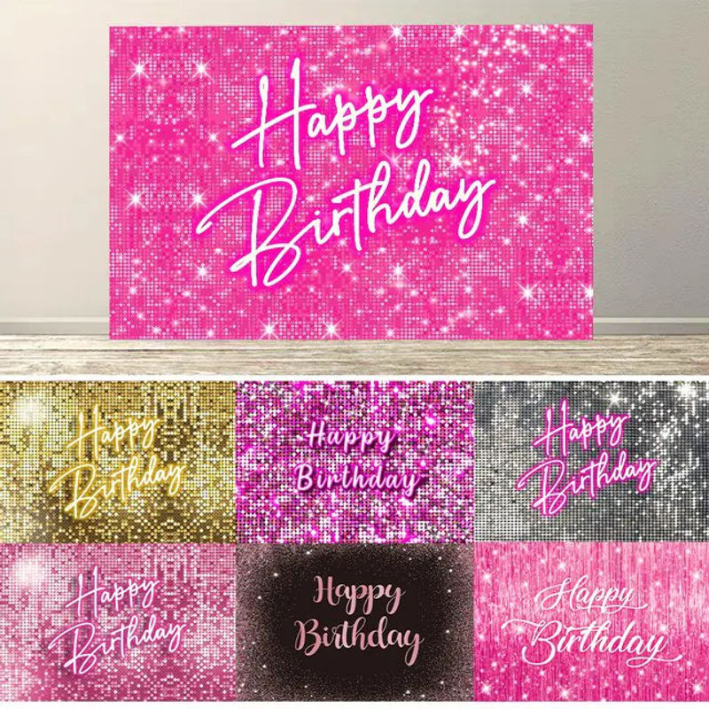 DEWPRINT Happy Birthday Party-Hintergrund mit Prinzessinnenmotiv in Rosa, Glänzendes Textil-Banner für Kinder und Mädchen - Bild 1