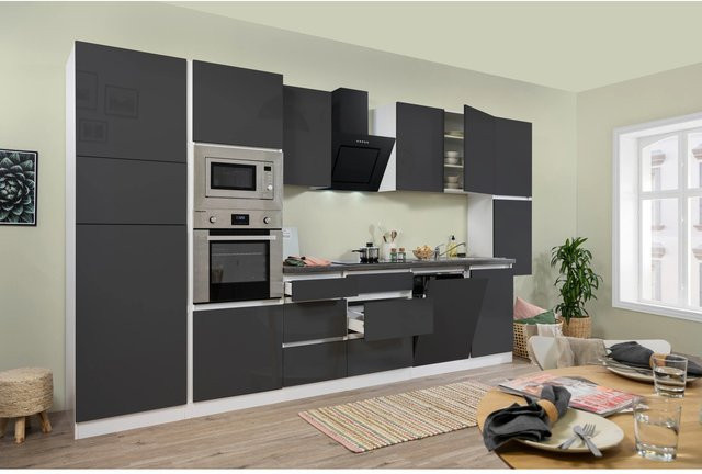 Respekta Premium Küchenzeile grifflos in Grau und Weiß Hochglanz mit puristischem Design, B: 395 cm, H: 220,5 cm, T: 55,5 cm - Bild 1