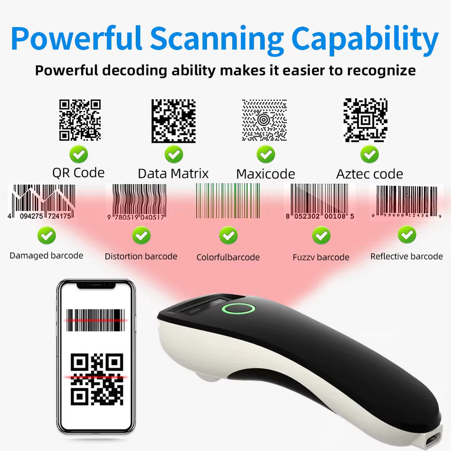 SYCREADER Tragbarer Mini Handheld Barcode Scanner mit Bluetooth, USB und 2,4 GHz Wireless für 1D 2D QR-Code und Datenmatrix in Schwarz und Blau - Bild 2