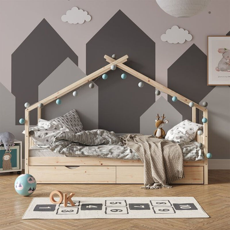 VITALISPA Kinderbett Design Hausbett aus Massivholz in Braun inklusive Lattenrost und Matratze, B/T/H: 90 x 200 cm - Bild 2
