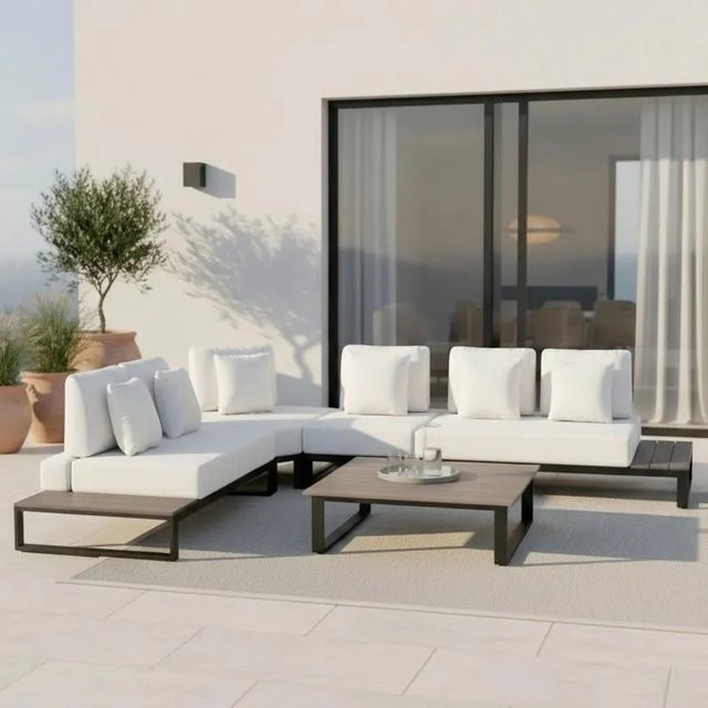Bessagi Garden Loungegarnitur Silvano in Weiß mit L-Form, Eckelement, Outdoor-Couchtisch und Polstern aus Outdoorstoff und pulverbeschichtetem Stahl - Bild 1