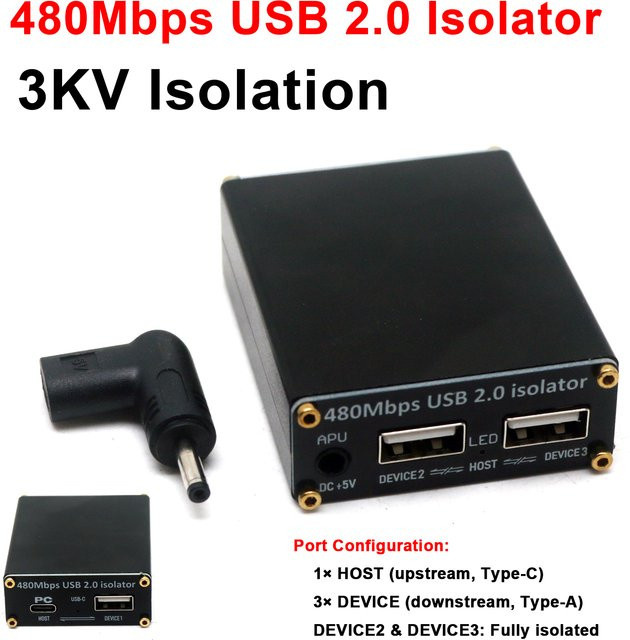 Dykbcells USB 2.0 Hochgeschwindigkeits-Isolator-Hub mit 3kV Isolation und USB-C Anschluss, Schwarz, 480Mbps zur Eliminierung von Erdungsgeräuschen bei Audio- und Festplatten-Datenübertragungen - Bild 1