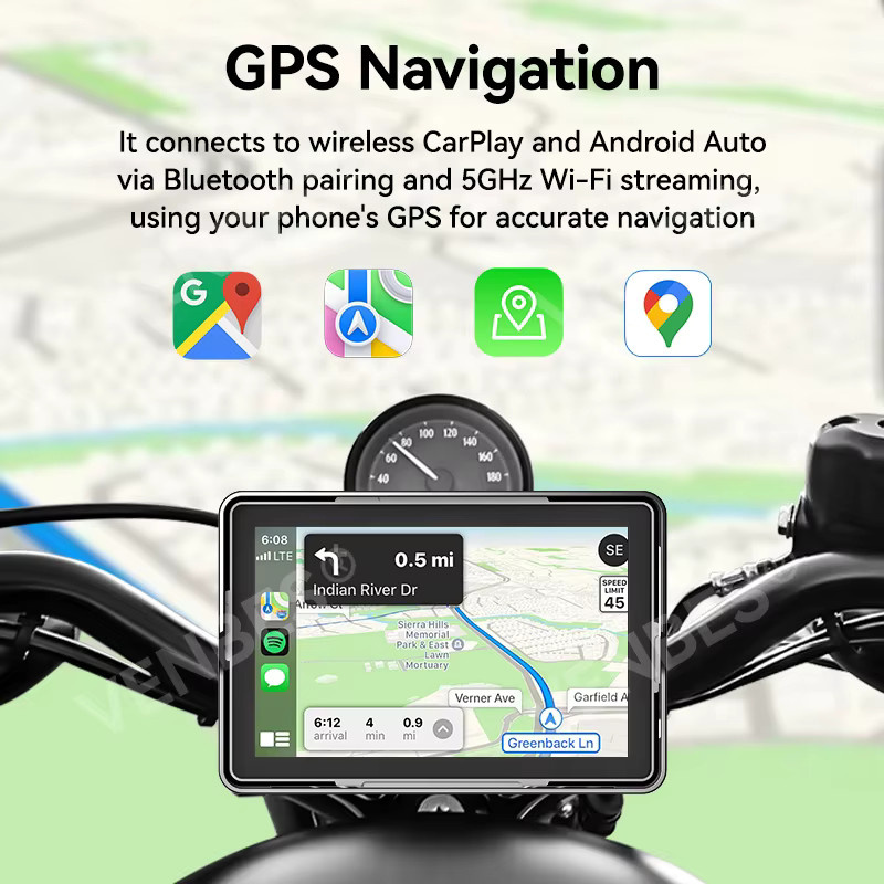 VENBES Tragbares Motorrad-Navigationssystem mit 5 Zoll Display, CarPlay und Android Auto, Wasserdicht IP67, GPS und Bluetooth 5.0, Schwarz - Bild 3