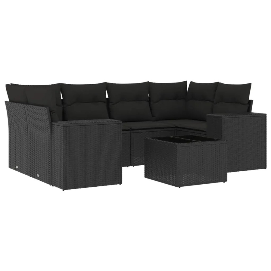 vidaXL 7-teilige Garten-Sofagarnitur in L-Form aus schwarzem Poly-Rattan mit Kissen und pulverbeschichtetem Stahlgestell - Bild 2