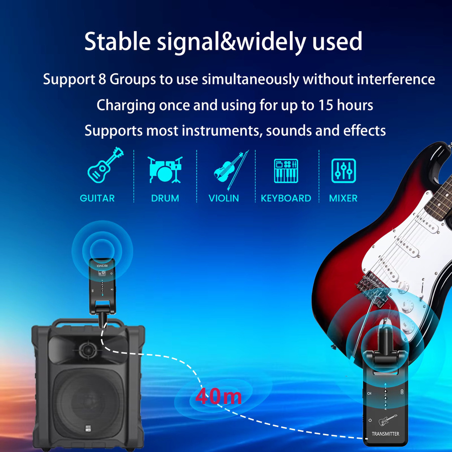 Kabelloses Gitarrensystem 2,4 GHz mit 8 Kanälen, wiederaufladbares Audiosystem mit Sender und Empfänger für Gitarre und Bass, Schwarz - Bild 4