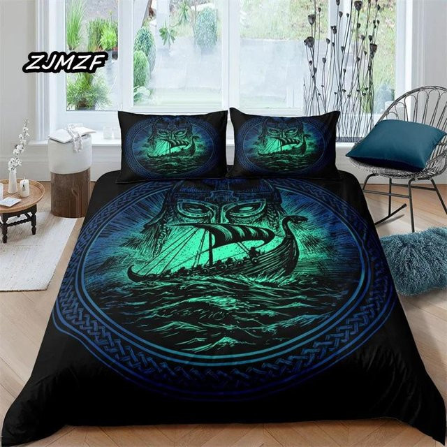 Lodestar Bettwäscheset Wikinger Wolf Design Blau, 3-teilig aus Mikrofaser mit Bettbezug und Kissenbezügen, Breite: 228 cm - Bild 1