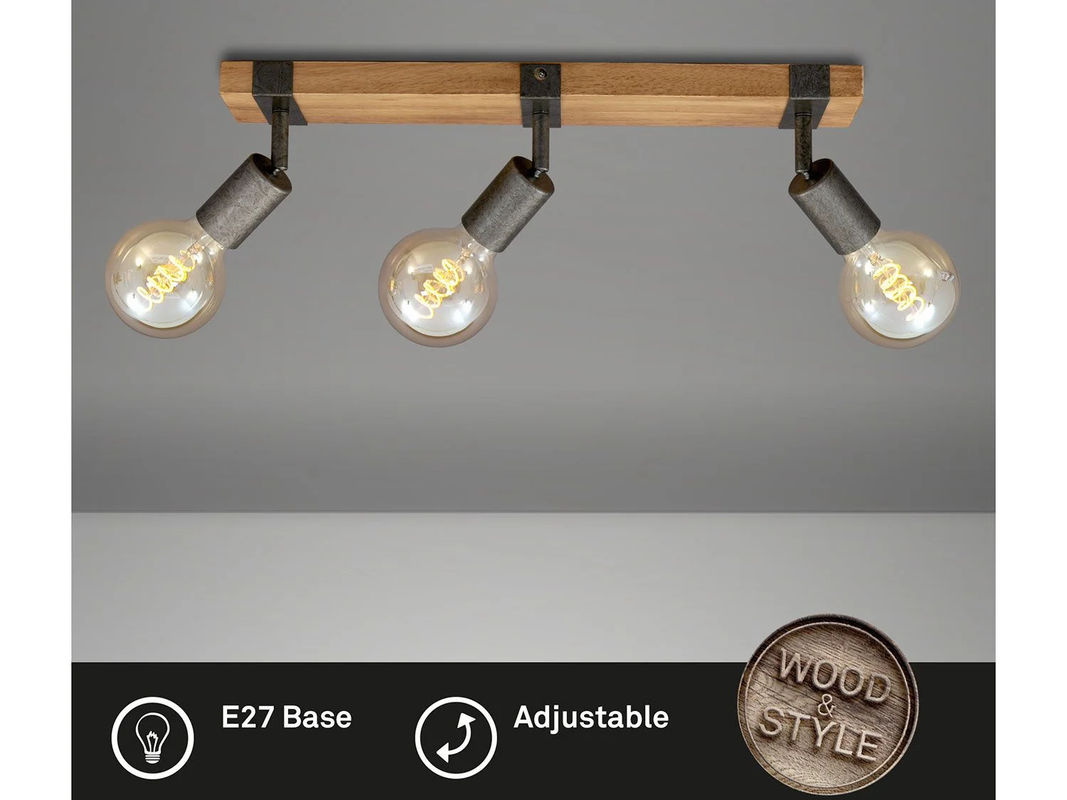 BRILONER Wand- und Deckenleuchte Vintage mit 3 verstellbaren Spots aus Holz und Gunmetal Metall, E27 - Bild 3