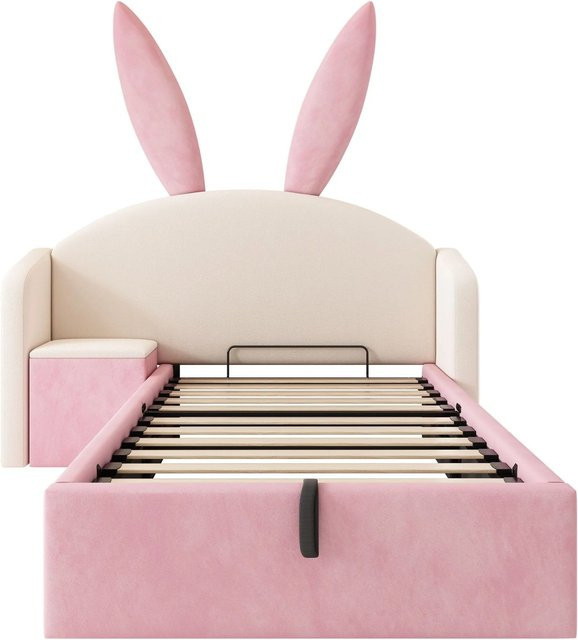 Merax Jugendbett mit Hasenohr Design, Samt, Beige/Rosa, B/T/H: 90 x 200 x 149 cm - Bild 1