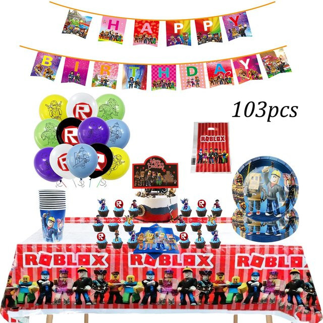 Roblox Geburtstag Dekorationen Set mit Wimpel, Banner und Tischdecke in Pink und Multicolour - Bild 1