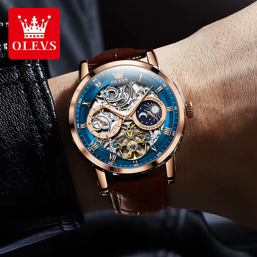 OLEVS Armbanduhr Automatik, Mondphase, Lederarmband, Blau, Herren - Bild 2
