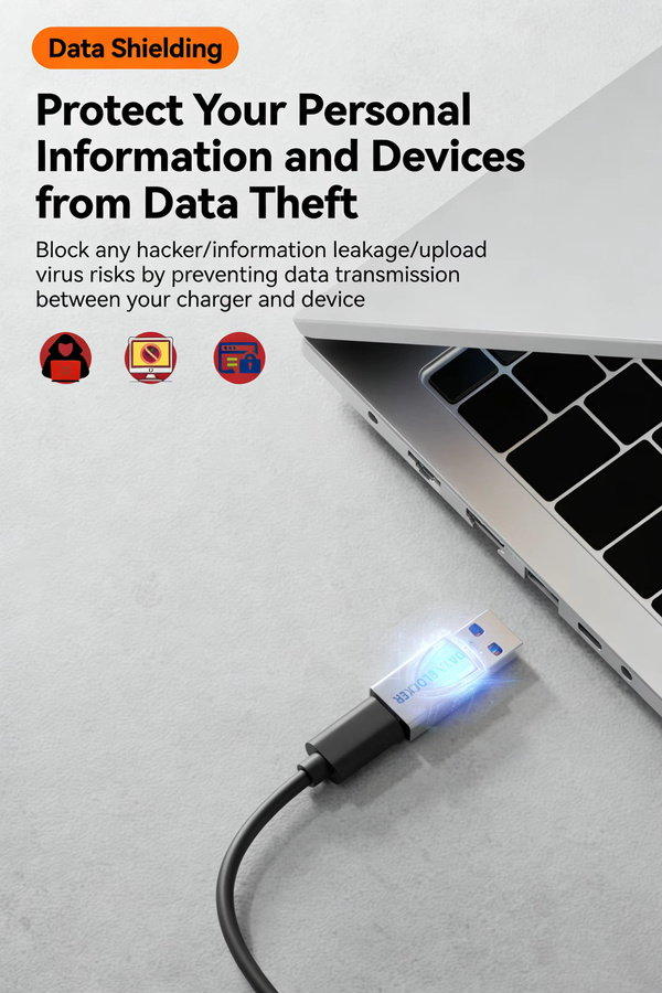 NNBILI USB-Datenblocker Anti-Hacking-Ladeadapter in Grau mit USB-A und USB-C Anschlüssen für Laptop und Mobilgeräte - Bild 2