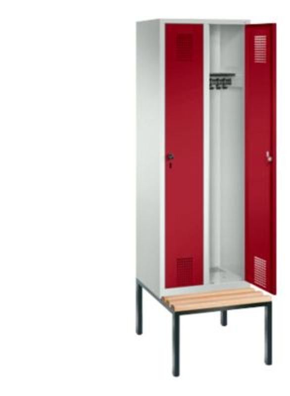 Garderobenspind C + P Evolo S 3000 aus Stahl mit integrierter Sitzbank, 2 Abteile mit Breite: 30 cm pro Fach, Sicherheitsdrehriegelverschluss, Farbe: lichtgrau RAL 7035 und rubinrot RAL 3003 - Bild 3