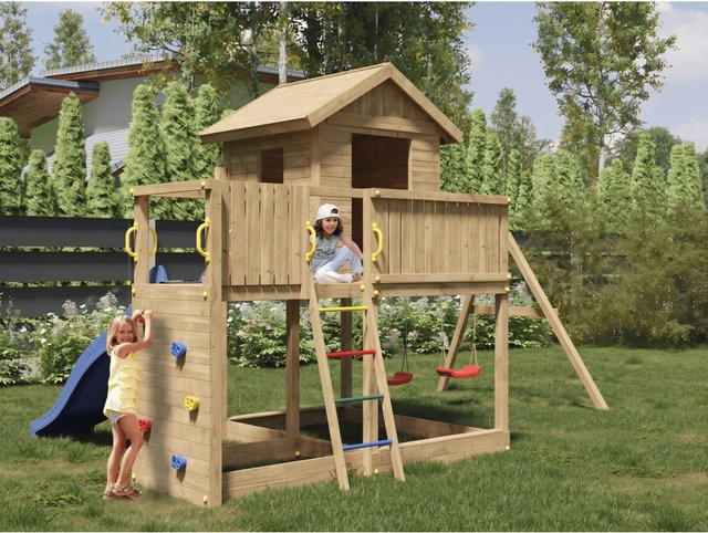 Fungoo Spielturm Galaxy L mit Doppelschaukel in Rot und Braun aus kesseldruckimprägniertem Holz und Metall - Bild 1