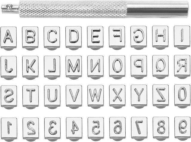 36-teiliges Leder-Stempelset in Silber mit Alphabet- und Zahlenstanzer für Lederhandwerk und Brandmalerei, 4 mm und 6 mm - Bild 1