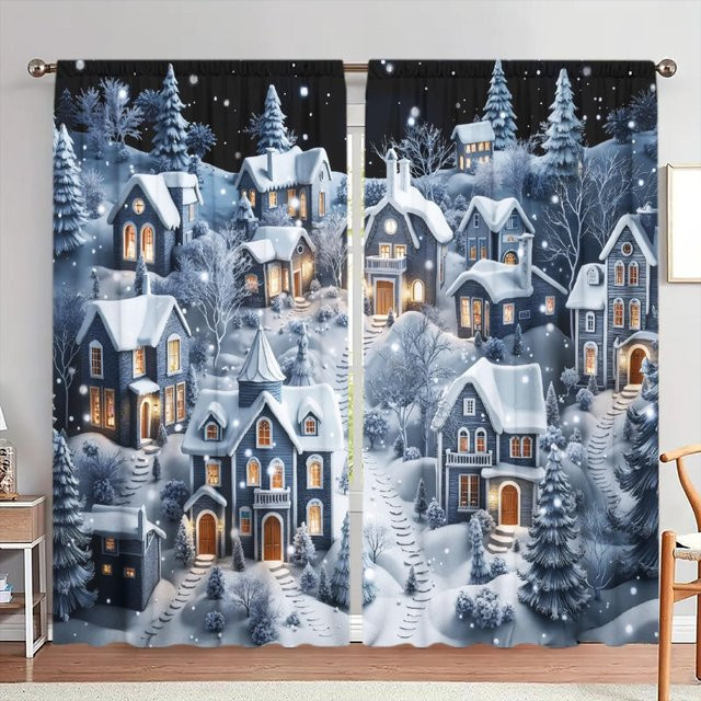 2er-Set Weihnachtliche Vorhänge mit Eis- und Schneelandschaft-Motiv in Grau und Blau, Breite: 52,5 cm, Höhe: 116 cm - Bild 1