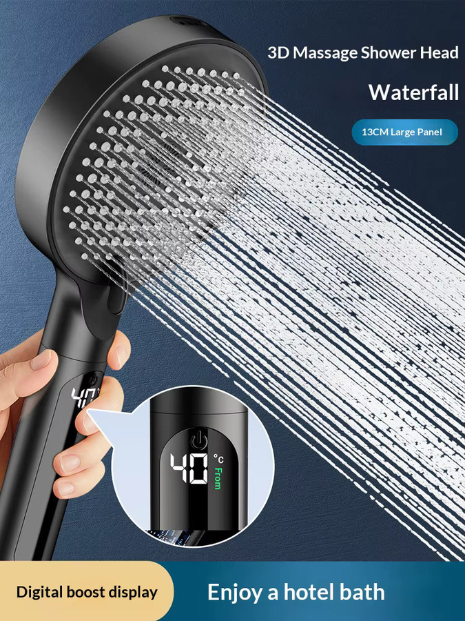 FALANGSHI Digitaler Temperatur-Handbrausekopf in Matt Schwarz mit 4 Wasserauslassmodi und 3D-Massagefunktion - Bild 2