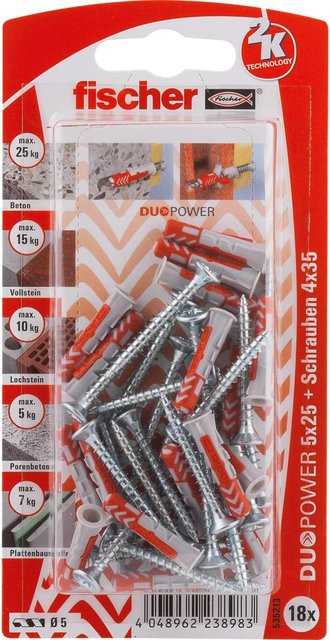 Fischer DuoPower Dübel mit Schraube, Durchmesser: 5 mm, Länge: 25 mm, 18 Stück, Farben: Grau und Rot - Bild 1