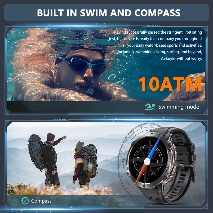 GUHUAVMI Smartwatch, GPS, 10 ATM, Aluminium, Silikon, Schwarz, Herren - Bild 3