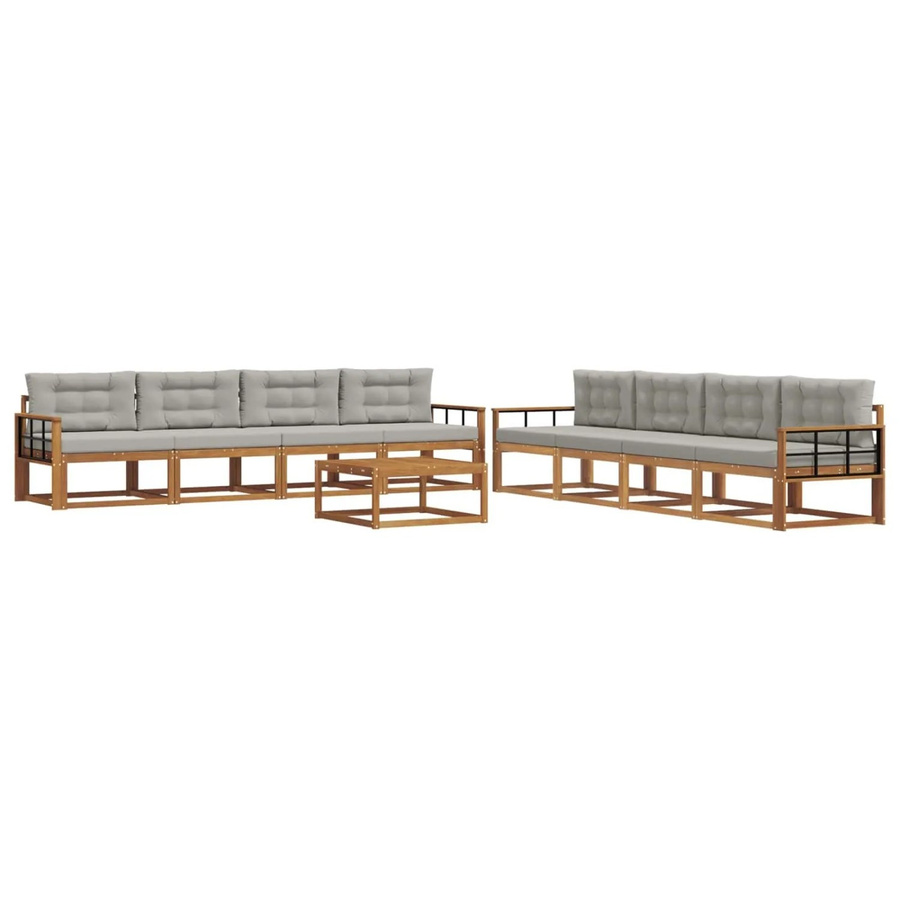 vidaXL Outdoor-Sofagarnitur aus massivem Akazienholz in L-Form mit 9-teiligem Set, Farbe Grau und Natur, inklusive wetterfesten Kissen und Tisch - Bild 2