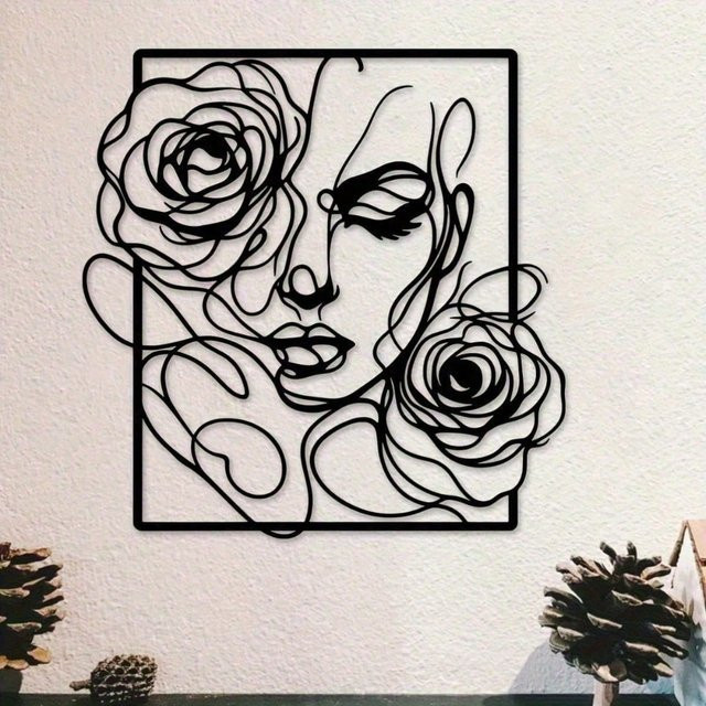 Schwarze Metall-Wandkunst von CIFBUY – Elegante Silhouette einer Frau mit Rosen als wasserfeste Wanddekoration - Bild 1