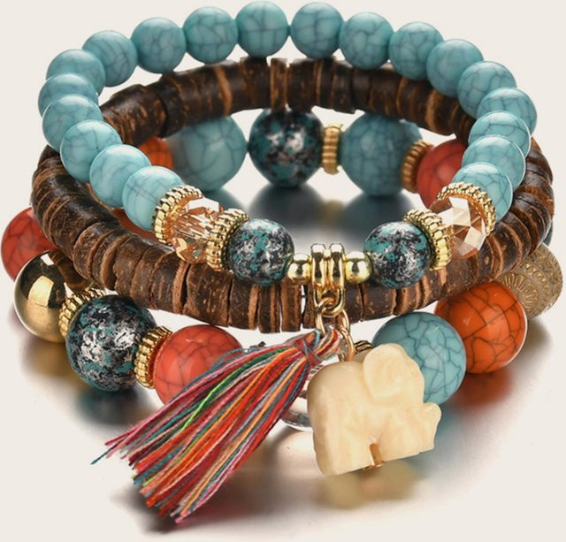 Mehrschichtiges Perlenarmband, Schwarz, Damen, Elefantenflügel-Anhänger - Bild 1