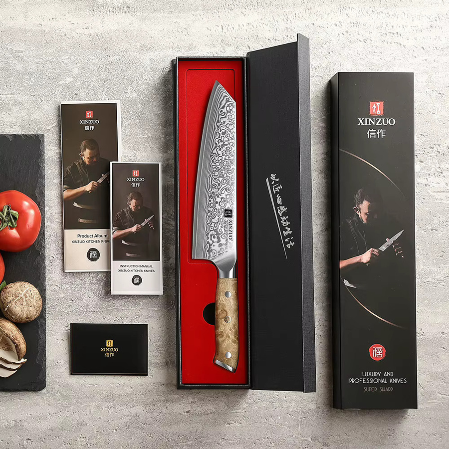 XINZUO Damaskus Santoku Bunka Kochmesser mit Sycamore Holzgriff, 67 Lagen, Silber/Braun - Bild 5
