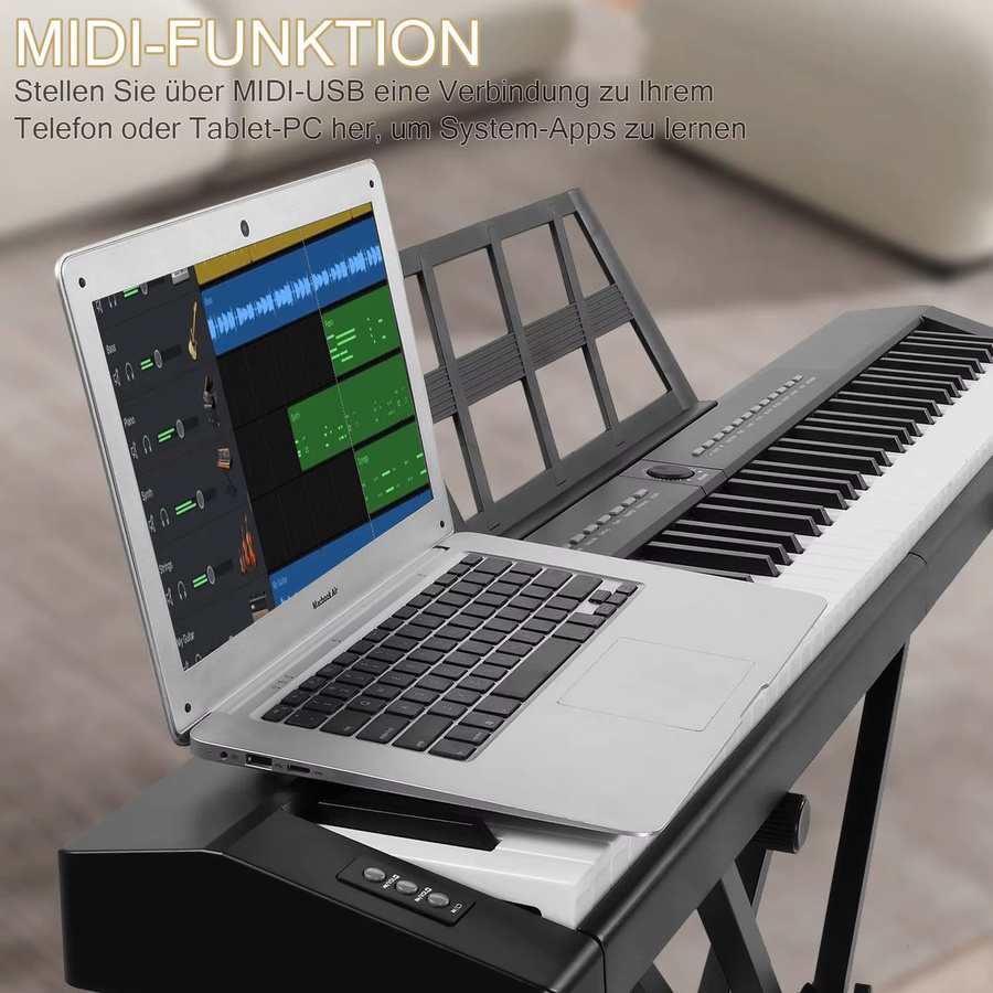 LEI Digitalpiano mit 88 halbgewichteten Tasten, Bluetooth und MIDI, inklusive X-Ständer, Kopfhörern und Tragetasche, Schwarz - Bild 5