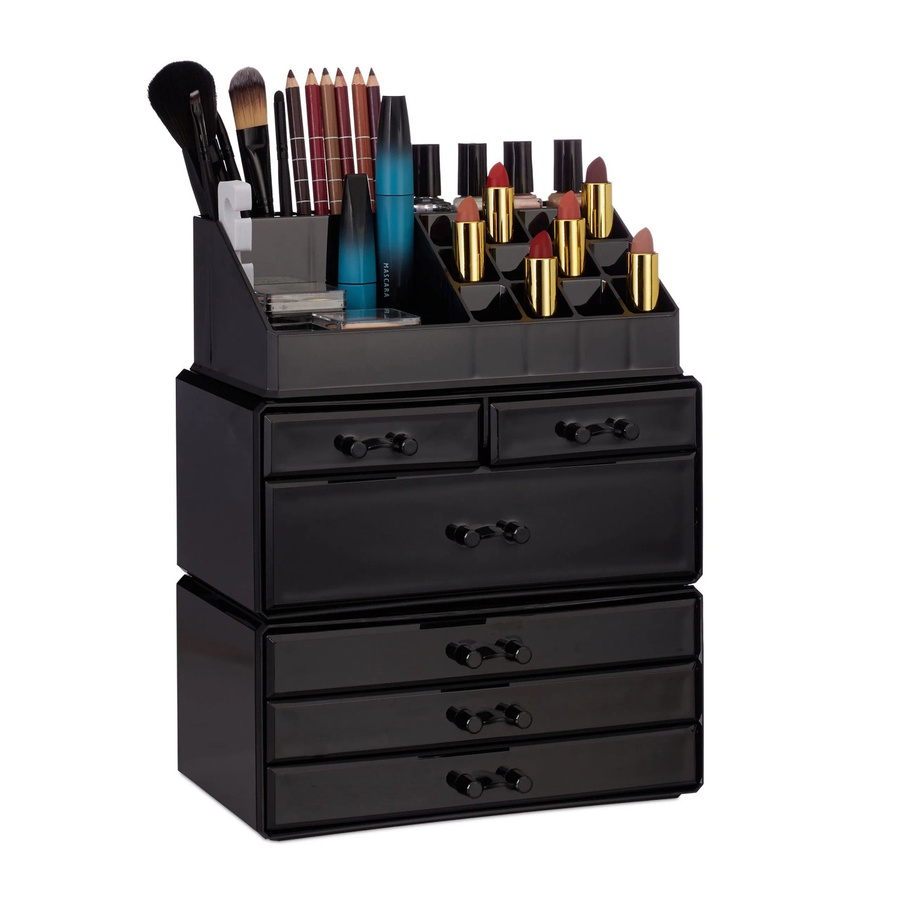 Relaxdays Kosmetikorganizer aus Acryl in Schwarz mit 6 Schubladen, stapelbar, B/T/H: 29 x 23,5 x 14 cm - Bild 2