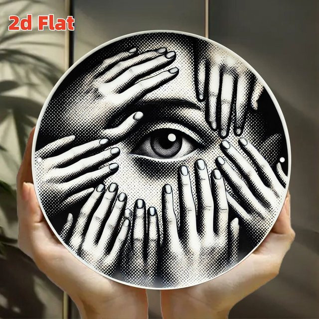 2Dflat Dekoplatte Hand Covering Eyes, runde Wandtafel aus Aluminium in Schwarz, Durchmesser: 20 cm - Bild 1