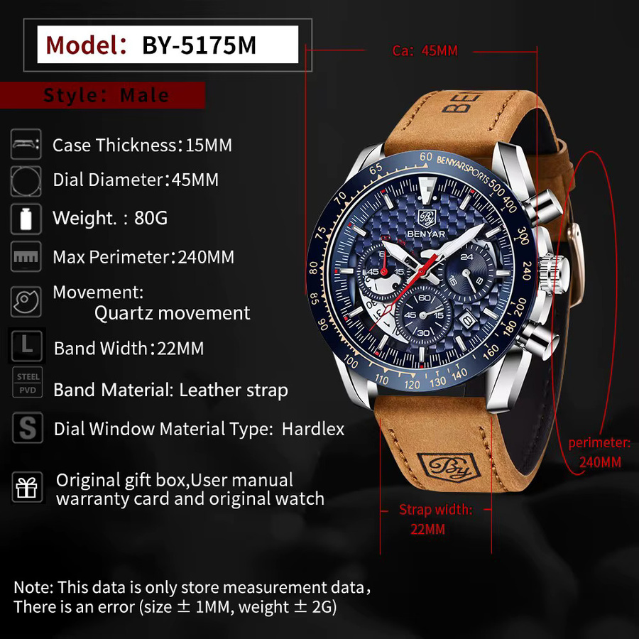 Benyar Chronograph, Quarz, Leder, Herren - Bild 2