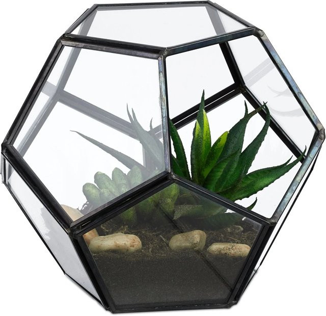 Relaxdays Pflanzenterrarium aus Glas und Zinn in Schwarz, geometrisches Design, offen, B/T/H: 12 x 14 x 14 cm - Bild 1