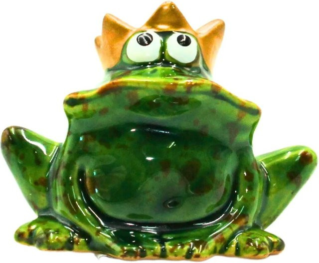 Dekohelden24 Froschkönig Deko-Figur aus Keramik in Grün mit goldener Krone, B/T/H: 4 x 7 x 6 cm - Bild 1