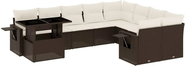 vidaXL 10-tlg. Garten-Sofagarnitur L-Form aus Poly-Rattan in Braun mit cremeweißen Kissen - Bild 1