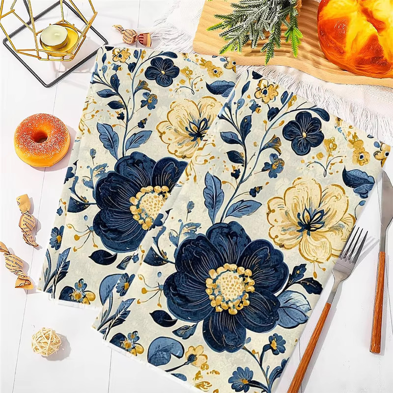 2er-Set saugfähige Küchentücher mit Blumenmuster in Dunkelblau und Gold, B: 40 cm, H: 60 cm - Bild 3