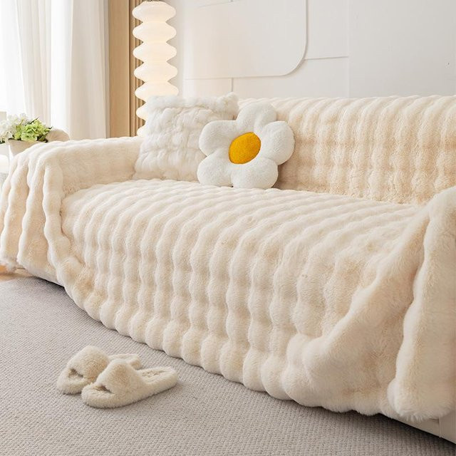 BC Pet Supplies Plüsch Sofaüberwurf mit Fellkaninchenmuster in Beige, rutschfeste und kratzfeste Sofadecke, B/T: 180 x 130 cm - Bild 1