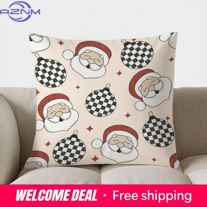 Weihnachtskissenbezug mit Santa und kariertem Ornament für Sofa und Schlafzimmer, Peach Skin Material, B/H: 18 x 18 cm - Bild 1
