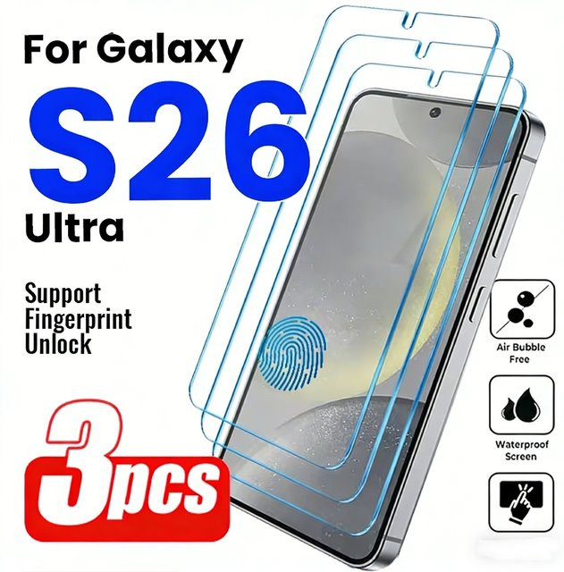 3er-Pack HD Displayschutzfolie aus gehärtetem Glas für Samsung Galaxy S26 Ultra, S25 Ultra, S25 Edge, S24, S23, S22 Plus, transparent und kompatibel mit Fingerabdrucksensor - Bild 1