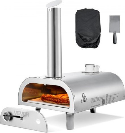 VEVOR Pellet-Pizzaofen 12 Zoll aus Edelstahl mit Thermometer, Pizzastein, Schaufel und Tragetasche, Silber