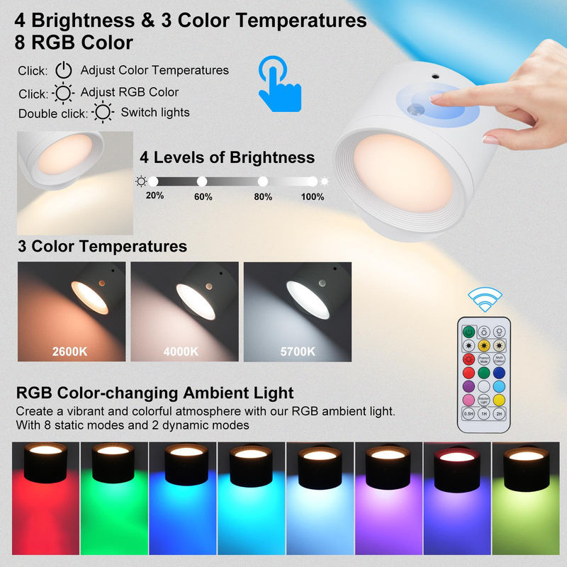 TOMTOP JMS Magnetische LED Wandlampe in Schwarz mit RGB Farbwechsel, Dimmfunktion und Bewegungssensor als Umgebungs- und Leselicht - Bild 4