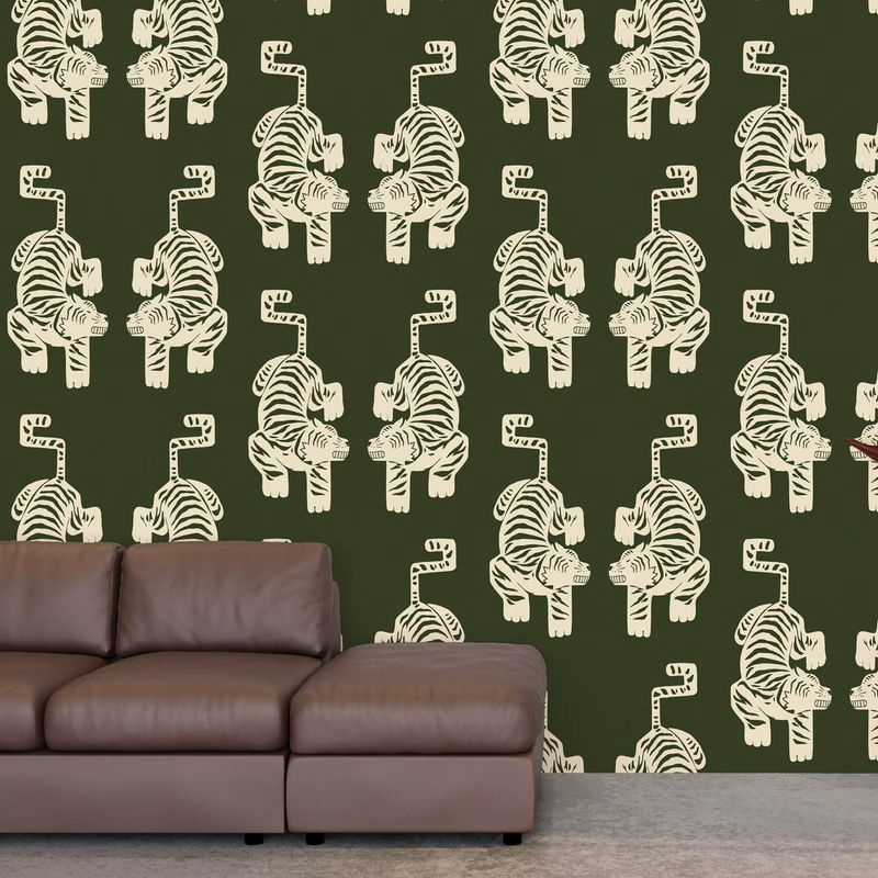 Selbstklebende Pixel&Wall Tiger-Tapete in Olivgrün im Vintage-Azteken-Stil aus Vliesstoff - Bild 2