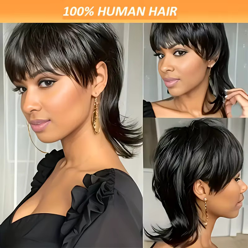 OYM HAIR Wolf Tail Short Straight Pixie Cut Perücke, brasilianisches Remy-Echthaar, mit Pony, 180 % Dichte - Bild 2