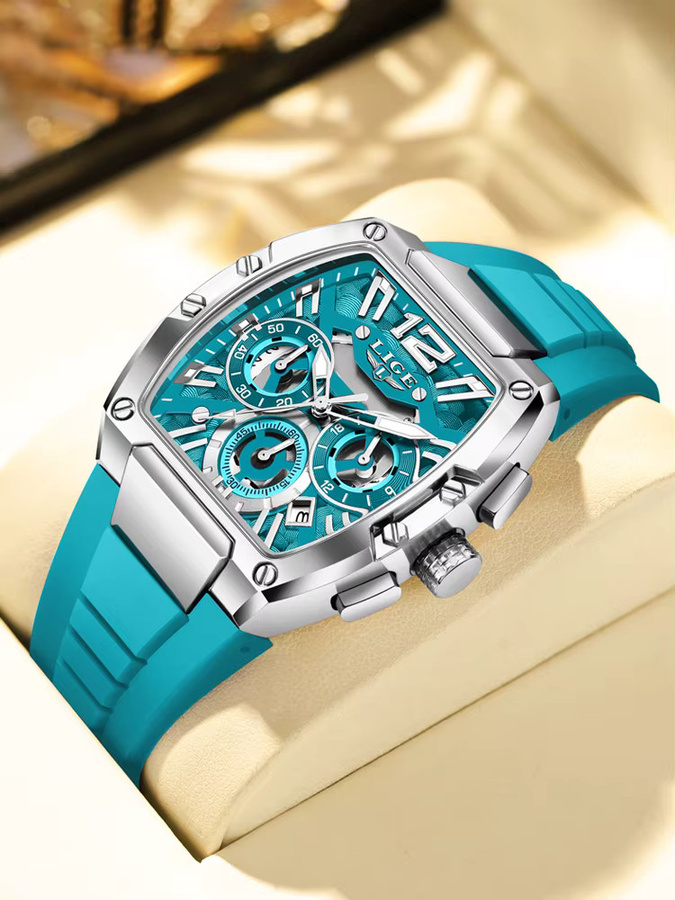 LIGE Chronograph Armbanduhr, Tonneau, Quarz, Silikon, Schwarz, Herren - Bild 7