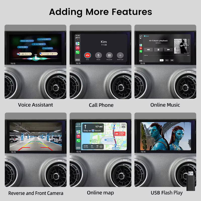 Junsun Android Auto und Wireless CarPlay Interface für Audi A3 8V und Q2 8P (2013-2018) mit Mirror Link, AirPlay, Bluetooth, USB und Rückfahrkamera in Schwarz - Bild 3