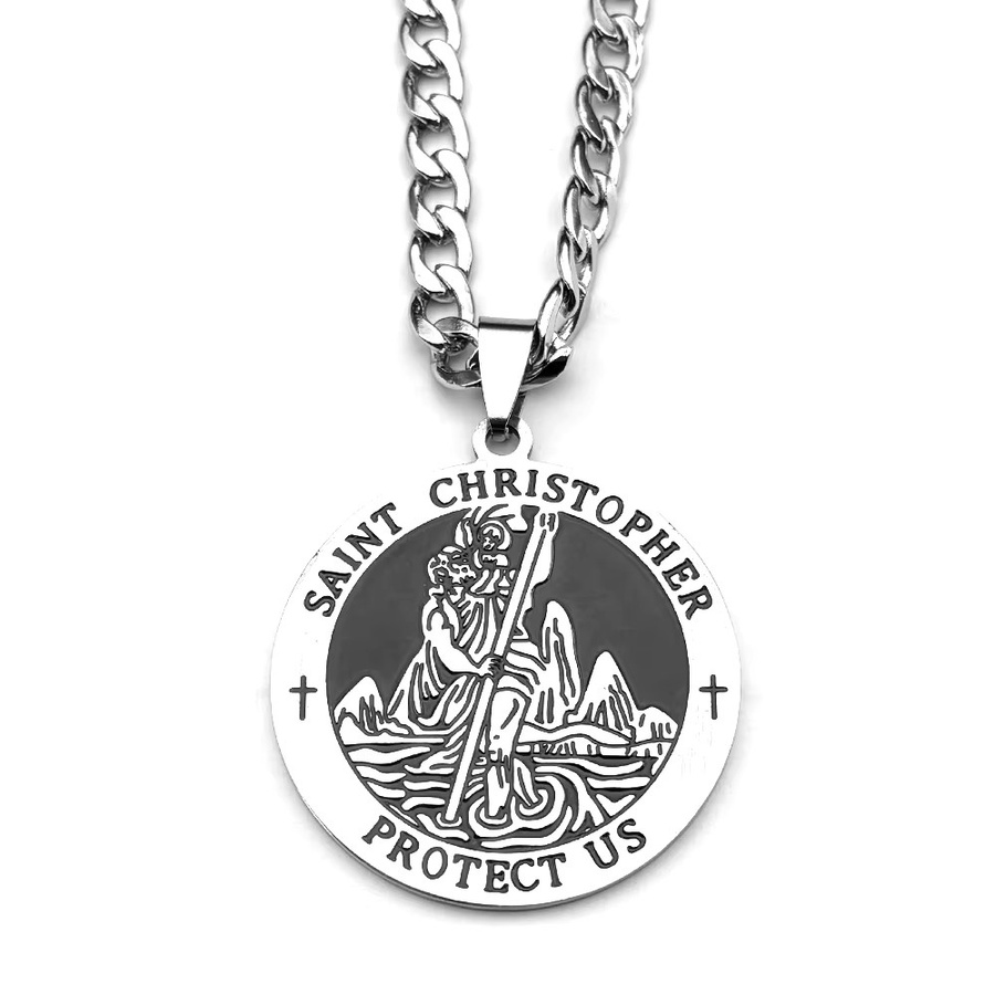 JYTF Halskette Saint Christopher Protect Us Emaille-Medaillen-Anhänger, Edelstahl, Silber, Unisex - Bild 3