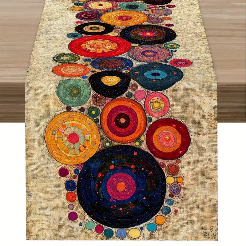 VIKAMA Runde Tischdecke mit gepunktetem Boho-Design in Multicolour aus Leinen - Bild 2