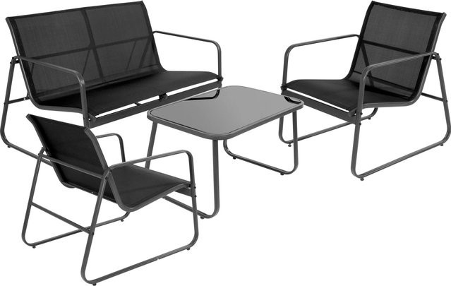 Modernes 4-teiliges Gartenmöbelset Sitzgruppe aus Metall und Textilgewebe mit Glastisch in Schwarz - Bild 1