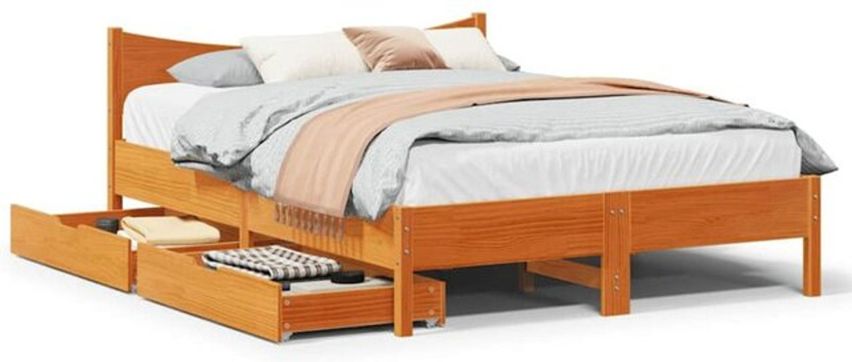 Vidaxl Massivholzbett aus Kiefer mit Schubladen in Braun im Landhausstil, B/T/H: 140 x 190 cm - Bild 1