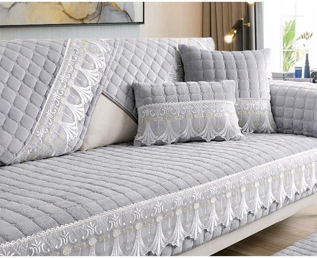 Rutschfester Sofabezug mit Spitze aus Jacquard-Polyester, moderner Schonbezug für dein Sofa, Breite: 70 cm, Länge: 180 cm, Farbe: Grau - Bild 1